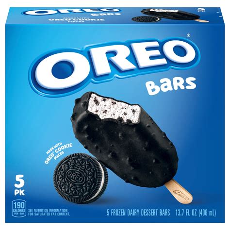 Oreo bar ice cream. If you like Oreo cookies then you'll most likely enjoy indulging on one of these frozen Oreo dairy bars made with real Oreo cookies. The bars are made with crushed Oreo cookie-bits and creamy ice cream, then covered in a delicious, chocolate coating made from crushed Oreo cookie wafers. Double the goodness in one bar! … 