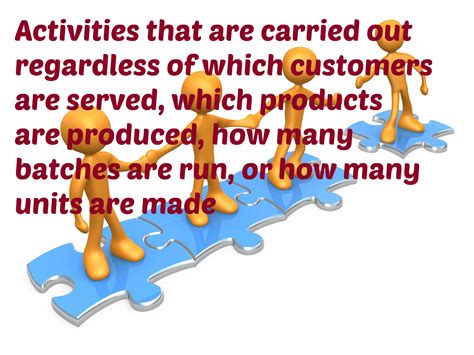 Organization sustaining activities- Activities that are carried out regardless of which customers are served, which products are produced, how many batches are run, or how many units are made. Steps to Implement Activity-Based Costing: 1. Define activities, activity cost pools, and activity measures 2.