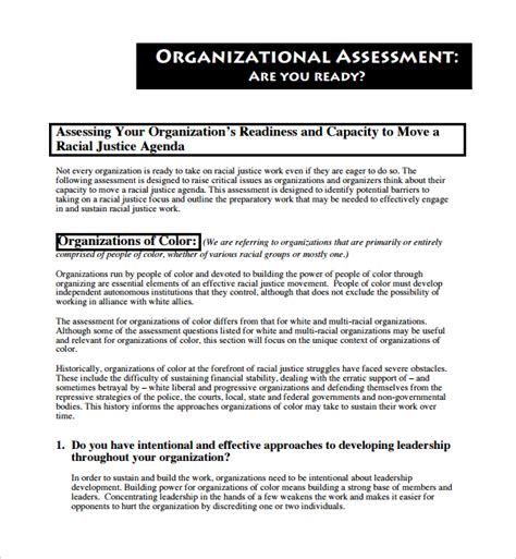 Resources What Is An Organizational Assessment? For many young or small companies, managing processes and meeting goals is pretty straightforward. They have a team of three or four people committed to the mission. They've defined roles and responsibilities. There are few barriers to communication. Then they start to grow.. 