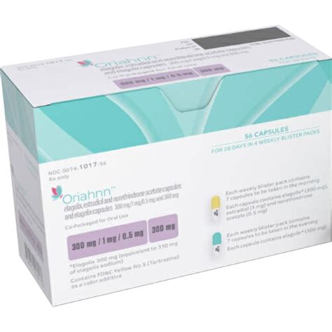 ORIAHNN is a combination of elagolix, a gonadotropin-releasing hormone (GnRH) receptor antagonist, estradiol, an estrogen, and norethindrone acetate, a progestin, indicated for the management of heavy menstrual bleeding associated with uterine leiomyomas (fibroids) in premenopausal women. ( 1) Limitation of Use:. 