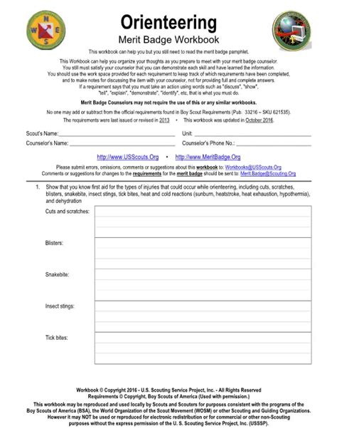 Orienteering merit badge workbook.  Includes requirements, examples, and space to record your...