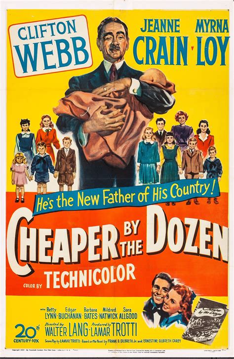 Original cheaper by the dozen. Jeanne Crain narrating in the voice of the original co-author Ernestine Gilbreth Carey, introducing first her father (and co-author) Frank (Clifton Webb) then the whole brood especially Myrna Loy as mother Lillian, in the 20th Century Fox … 