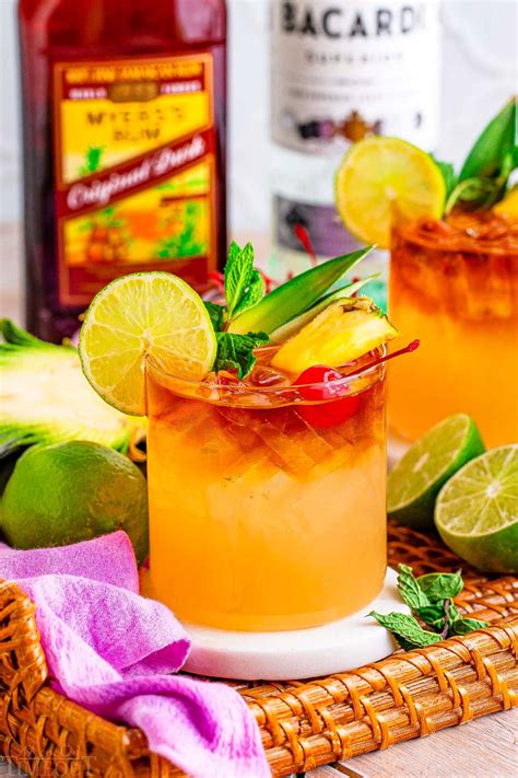 Original mai tai recipe. Combine the rums, lime juice, orange liqueur, almond syrup, orange juice and pineapple juice in a mason jar and secure the lid. Shake well. Fill 4 rocks glasses ... 