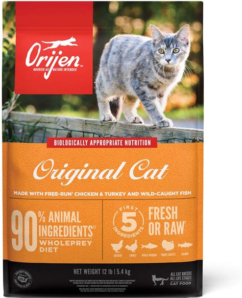 Orijen kitten food. This ORIJEN cat food is optimized to help support lean muscle mass and peak physical conditioning. With a biologically appropriate recipe, the grain free* dry cat food is similar to what your cat's ancestors consumed in the wild. This high protein cat food includes up to 85 percent** animal ingredients and no added grain ingredients. 