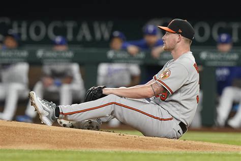 Orioles starting pitcher Kyle Bradish exits game vs. Rangers in 2nd inning after taking line drive to right leg
