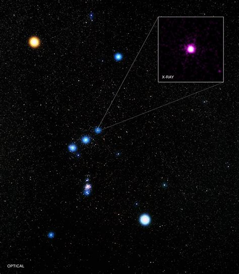 Orion atars. Though over a dozen stars make up Orion, two take center stage. The red supergiant Betelgeuse (Orion's right shoulder) and blue supergiant Rigel (Orion's left foot) stand out as the brightest members in the constellation. Betelgeuse is a young star by stellar standards, about 10 million years old, compared to our nearly 5 billion-year-old Sun. 