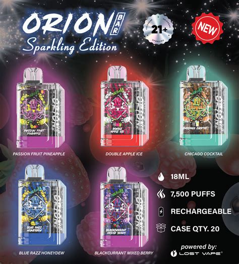 Lost Vape Orion Bar offers 7500 puffs thanks to 18mL of prefilled e-liquid, and a 650mah rechargeable battery. Specifications: Capacity: Prefilled With 18ml E-Liquid Battery: Rechargeable Internal 650mAh Nicotine: 5% Salt Nicotine Puff Count: 7500 Puffs Charge Style: USB Type-C Coil: Mesh Coil Draw-Activated Adjustable Airflow Ring. Options .... 
