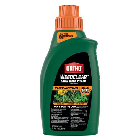 Ortho weedclear lawn weed killer concentrate mixing instructions. For best results, use when weeds are small and actively growing in the spring or fall. One 1 gal. bottle treats up to 64,000 sq. ft. *When used as directed. Use Ortho WeedClear Weed Killer for Lawns to kill weeds down to the root without harming your lawn (when used as directed) This lawn weed killer kills over 250 common weeds, including ... 