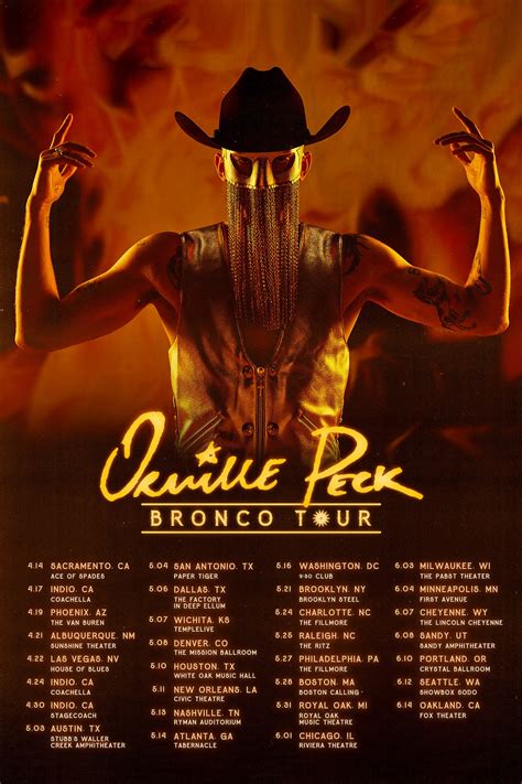 Orville peck tour. Country artist Orville Peck will release his second album, Bronco, this April. The album is being drip-fed to fans in three chapters. ... Australia has hosted tours from the likes of Red Hot Chili ... 