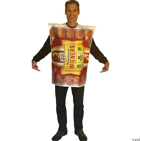 Adult Oscar Mayer Weiners Package CostumeThe big dog you will relish! Relish in your love of hot dogs wearing this Oscar Mayer Wiener Classic Beef Hot Dog Franks Halloween Costume! The Oscar Mayer Weiners Package Costume includes a tunic with a plastic layer film covering. Printed on the front only with likeness of actual product. . 