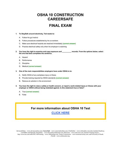 Osha 10 final test answers. Aug 17, 2023 · OSHA 30. OSHA 30 Final Exam Answers 2023 (ACTUAL EXAM ) Questions and Answers (Solved) 1. 3 times when you need Hazard CommunicationTraining Answer: • Annuallyo New Hire • Introduce New Chemical 2. How many cycles of CPR do you do before checking Answer: 5 3. 