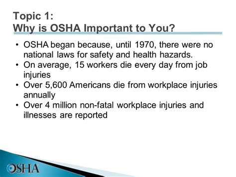 Osha began because until. OSHA began because, until 1970, there were no national laws for safety and health hazards. On average, 15 workers die every day from job injuries. Over 5,600 Americans … 