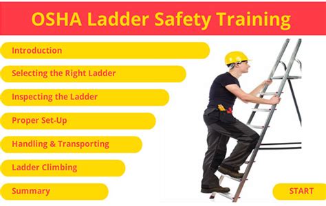 Osha ladder safety training. The U.S. Occupational Safety and Health Administration requires employers to provide ladders under a number of various workplace conditions. As stated by OSHA, in general the standards require ladders under the following conditions: When there is a break in elevation of 19 inches (48 cm) or more and no ramp, runway, embankment or personnel ... 