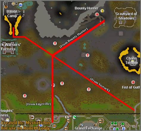 The Bandit Camp is an outlaw stronghold located in levels 17 to 24 Wilderness. It is rarely visited by players due to its remote location, distance from a bank, lack of local resources, and the risk of PKers looking for a fight. It is most often visited for Treasure Trails. It can be reached via the Bandit Camp teleport from the burning amulet. Doing so will give the player a warning message .... 