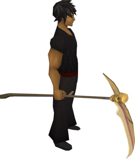 Osrs gold scythe. 3.175 kg. Advanced data. Item ID. 1419. The scythe is an untradeable event reward. It can be obtained by completing one of the Halloween holiday events that occur once per year. The scythe is not particularly powerful, as it is intended to be a decorative weapon. It has very low bonuses and a slow attack speed. 