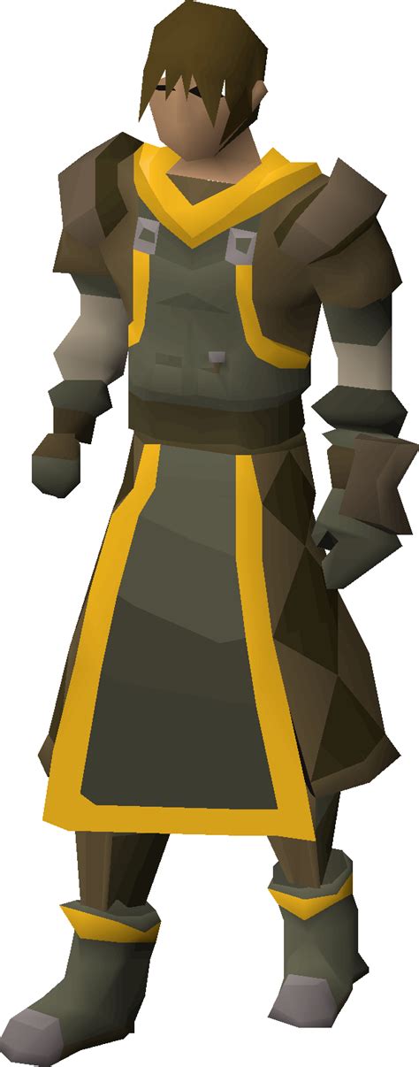 Osrs smithing outfit. The Blacksmith's outfit is a skilling outfit originally available from Treasure Hunter. It is a possible reward from smithing ceremonial swords at the Artisans Workshop in Falador. Each piece has a 1/25 drop rate from making a perfect sword and 1/100 for all others. Each piece equipped provides a bonus 1% experience to Smithing. When all five pieces are worn, they provide a total bonus of 6% ... 