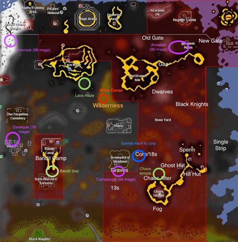 The first map is of all of the wilderness areas and creatures within it. It is too large to fit on the forums so you will need to right click it and 'open image in new tab' for the full thing. The second map is an older map that isn't as updated, but it shows what areas of the wilderness are multi and single combat.. 
