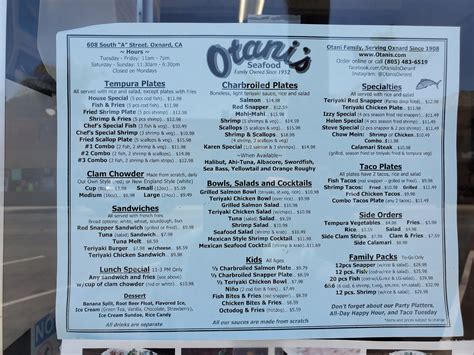 Otanis - Jan 24, 2015 · Otani's. Unclaimed. Review. Save. Share. 10 reviews #48 of 169 Restaurants in Oxnard $ Seafood. 608 S, Oxnard, CA 93030 +1 805-483-6519 Website Menu. Closed now : See all hours. Improve this listing. 