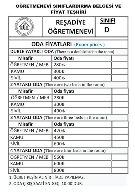 Otel Bölümü Konaklama Fiyat Tarifesi Öğretmenevi ve Akşam .