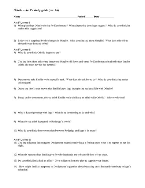 Othello Act 4 Study Guide Answers