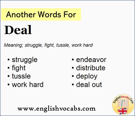 Other words for deals. Synonyms for DEALS: handles, treats, shares, manages, divides, distributes, wrestles, addresses, wields, trades, swaps, separates; Antonyms for DEALS: holds, keeps ... 