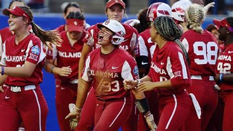 Oklahoma's Jordyn Bahl (98) celebrates after an out during a college softball game between the University of Oklahoma Sooners (OU) and the Texas Longhorns at USA Hall of Fame Stadium in.... 
