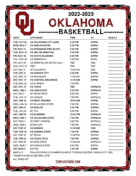 The official 2022-23 Men's Basketball schedule for the University of Oklahoma. 