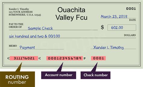 Routing Number: Bank Details : Routing Number: 311176021 Bank Name: OUACHITA VALLEY FCU Address: P O BOX 1477 City: WEST MONROE State: Louisiana Zip …. 