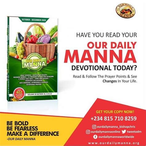 Our daily manna. Dec 27, 2021 · Use features like bookmarks, note taking and highlighting while reading Our Daily Manna (ODM) January - March 2022: Devotional for Champions January to March 2022. Our Daily Manna (ODM) January - March 2022: Devotional for Champions January to March 2022 - Kindle edition by Kwakpovwe, Bishop (Dr) Chris. 