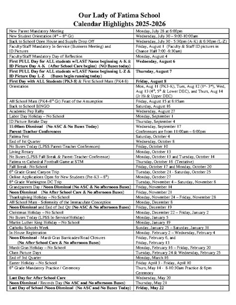Our lady of fatima school calendar.  Our commitment is to holistically develop your chi...