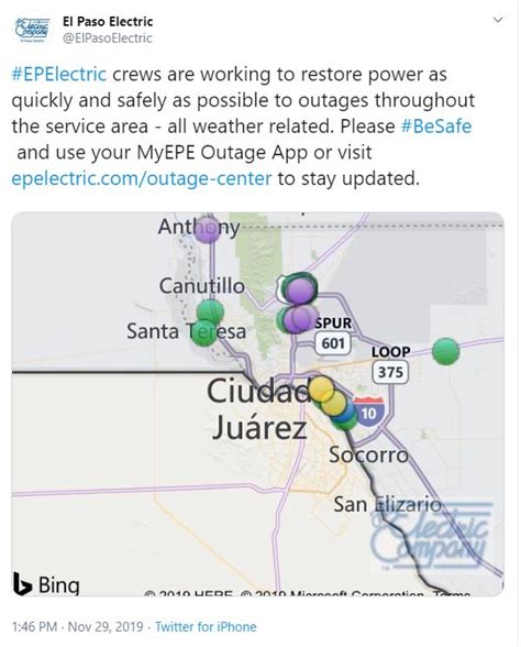 Feb 26, 2023 · UPDATE: El Paso Electric is reporting that 20,000 people have had their power restored. Crews are busy restoring power from Van Horn to Hatch, New Mexico, according to the company’s Twitter account, and work will continue overnight as needed. EL PASO, Texas ( KTSM) — High winds are currently traveling across the El Paso area Sunday, causing ... . 