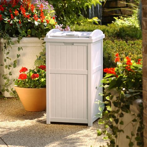 Outdoor hideaway trash can. Suncast 33 Gallon Hideaway Trash Can for Patio - Resin Outdoor Trash with Lid - Use in Backyard, Deck, or Patio - Dark Taupe . Keep unsightly garbage and recyclables safely out of view with the Suncast Trash Hideaway. The decorative yet functional design is compatible with standard 30-33 gal. garbage bags, ensuring ease of use. 