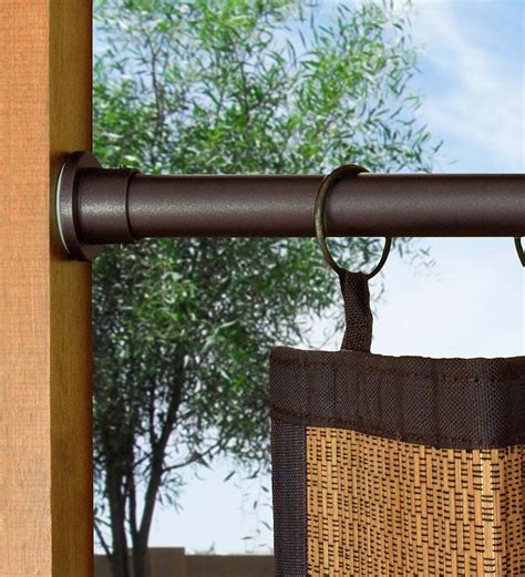 Outdoor tension curtain rods. Tension curtain rod for a shower, bathtub, closet, window, changing area, and more; suitable for indoor or outdoor use Made of lightweight metal with a Black finish Adjustable length from 54 - 90 inches 