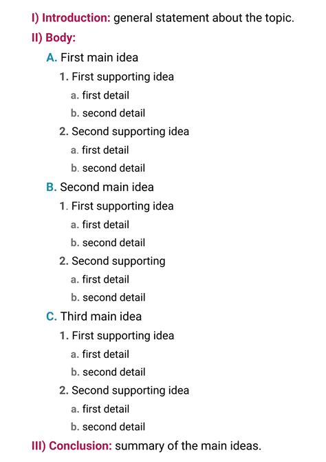 Outline prewriting. 1. explain basic structure of outline. 2. reiterate how outlines help with paragraph order. B. Alphanumeric system. 1. introduce the alphanumeric system. a. bullet list of each line in alphanumeric system. C. Content written in blurbs. 1. exceptions for sharing with teams. D. Outline indentation. 