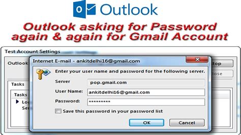 Outlook cannot connect to Gmail, keeps asking for password