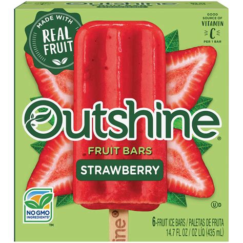 Outshine fruit bar. OUTSHINE Strawberry Frozen Fruit Bars are one of the tastiest ways to refresh your day. Our strawberry fruit bars are made with real, honest-to-goodness ... 