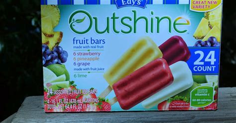 Outshine fruit bar Pineapple pineapple 80 80 0 0 0 0% 17 21% 0 4.99 for 6 bars Outshine fruit bar Grape concord grape ... Outshine Bar Multipack Fruit 11.99 for 24 bars Costco Brand Item 1st ingredient Weight in grams Calories (<200) Fat grams Calories from fat (<35%) Sat fat grams Calories from saturated fat (<10%) Grams sugar sugar by weight …. 