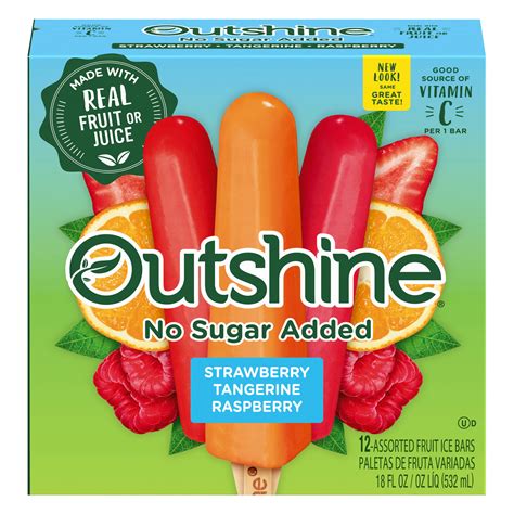 Outshine fruit popsicles. Each Outshine frozen fruit bar is made with no GMO ingredients and has no artificial colors, flavors, sweeteners or high fructose corn syrup for a feel-good snack. Enjoy these wholesome fat free Outshine bars any time of day, whether you want a feel-good grape snack or need a little afternoon pick-me-up. Snack brighter with Outshine. 