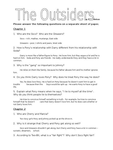 Outsiders test questions.  You Test your knowledge of The Outsiders by S.  It includes...
