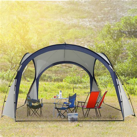Pop in, pop up and pop out with Outsunny. Outsunny's easy 10' x 10' pop-up canopy tent can be placed in a cinch. Stop sunburns and stay comfortable across carnivals, cookoffs, catering, camping, or any other outdoor party you can come up with. With removable mesh side walls, unwanted guests with wings won't be able to crash it. .