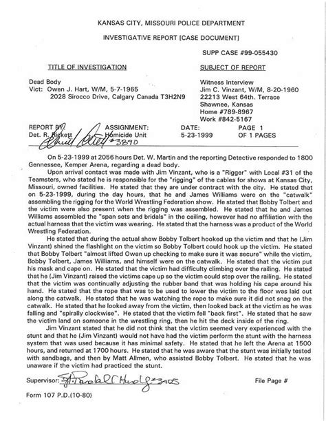 Owen hart autopsy report. The plot of the episode was a wrestler, The Avenging Angel, who is being lowered into the ring by a harness that breaks causing him to fall to his death. The episode goes on to determine that foul play was involved and Walker tries to find who it was. The strange thing is this episode came out about a year 1/2 after the Owen Hart tragedy. 