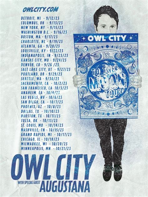 Owl city tour. Owl City tour dates for 2024 or 2025 may be available now. For any confirmed future Owl City tour dates, Vivid Seats will have tickets. View all top 2024 concerts and tour rumor information for top artists. Owl City Floor Seats. Owl City floor seats can provide a once-in-a-lifetime experience. Often, floor seats/front row seats can be some of ... 