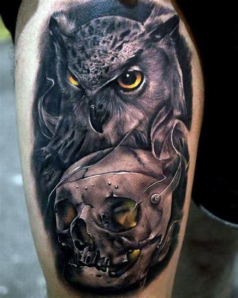 Jan 11, 2023 · From a small perched owl design on your finger to a realistic flying owl back piece or even a neck tattoo, there’s an option to suit every guy. What does an owl and skull tattoo mean? An owl and skull tattoo is packed with symbolic meaning. 