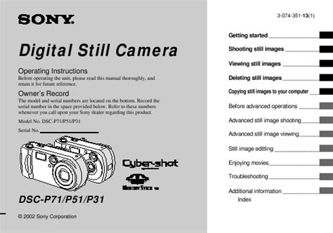 Owner manual sony dsc p71 p51 digital still camera. - The esri guide to gis analysis volume 2 spatial measurements and statistics.