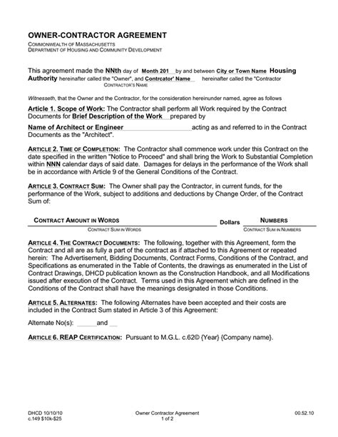 Ownercontractor agreement in Word and Pdf formats