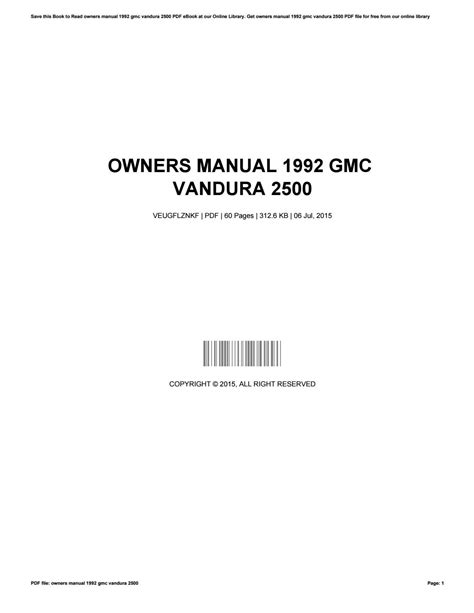 Owners manual 1992 gmc vandura 2500. - Watkins slx hot tub owners manual.
