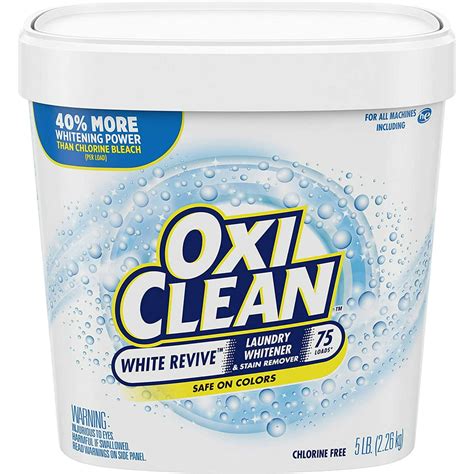 Oxi clean white revive. OxiClean White Revive Laundry Whitener + Stain Remover. One 5 lb. box of OxiClean White Revive Laundry Whitener plus Stain Remover. Works with detergent to remove stains and brighten and whiten clothing. Add to every load of laundry or you can even dissolve in water to pre-soak. 40% more whitening power per load than chlorine bleach 