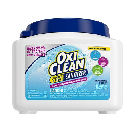 Oxiclean sanitizer. Option 1: Wash on a sanitary cycle. Check to see if your washer has a cycle designed for sanitizing laundry. The Sanitize cycle with Oxi, available on select Whirlpool ® washers, uses extra-hot water to eliminate 99.9% of three common household bacteria.¹ If your washing machine doesn’t have a sanitary cycle, use the warmest temperature ... 