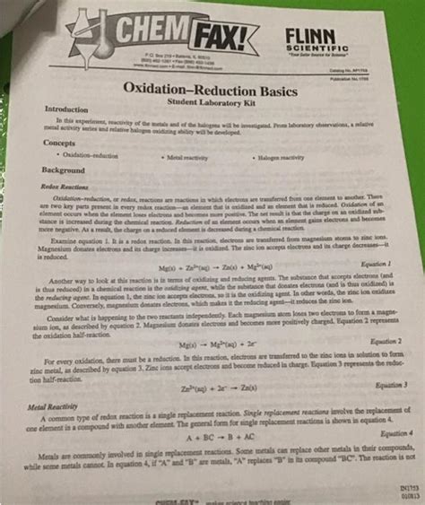 Oxidation Reduction Basics Lab Flinn