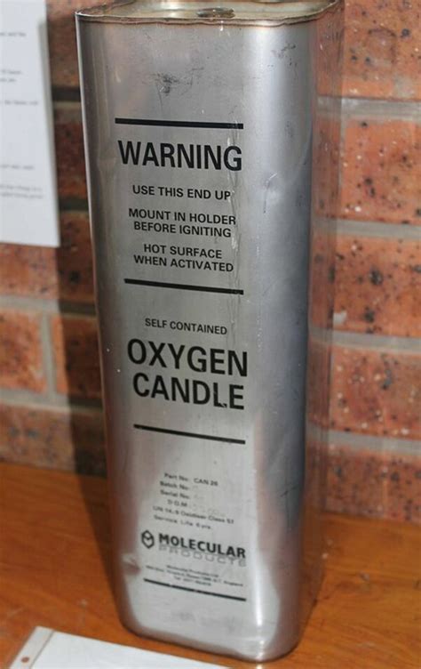 The oxygen candle is the third and final breathable air supply method. It uses an exothermic chemical reaction to generate oxygen. An oxygen candle will burn for approximately 60-90 minutes, producing 2600L of oxygen; about 20 hours of breathable air for four people.. 